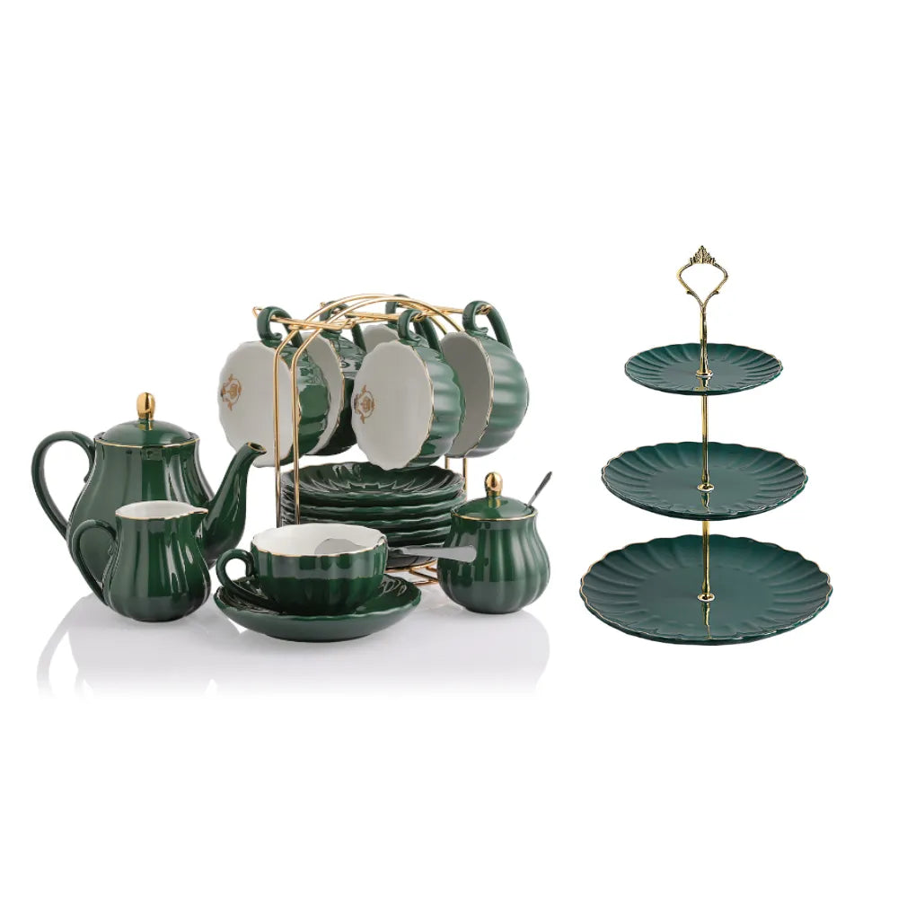 SWEEJAR Porcelain Tea Set with Cake Stand | 8 OZ Cups& Saucer Service For 6