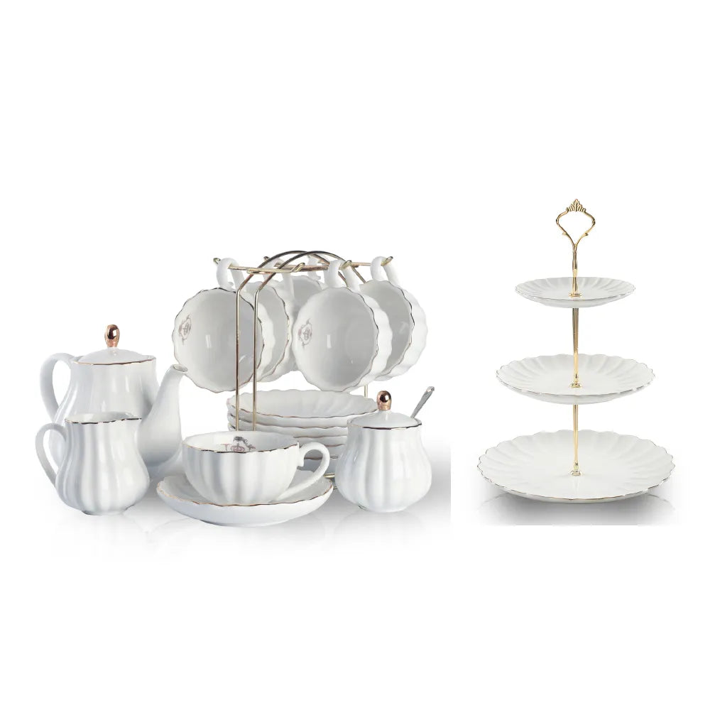 SWEEJAR Porcelain Tea Set with Cake Stand | 8 OZ Cups& Saucer Service For 6