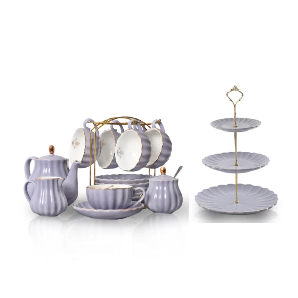 SWEEJAR Porcelain Tea Set with Cake Stand | 8 OZ Cups& Saucer Service For 6