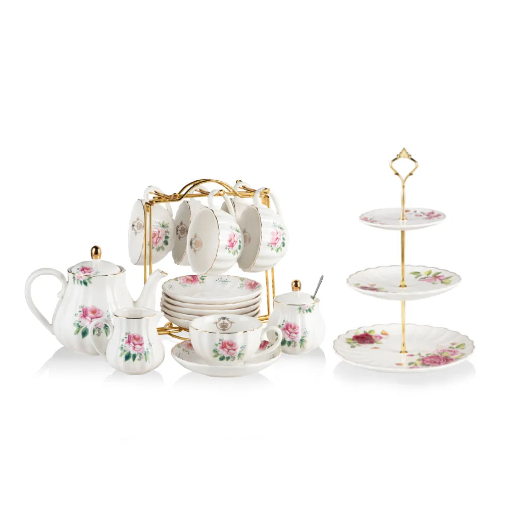 SWEEJAR Porcelain Tea Set with Cake Stand | 8 OZ Cups& Saucer Service For 6