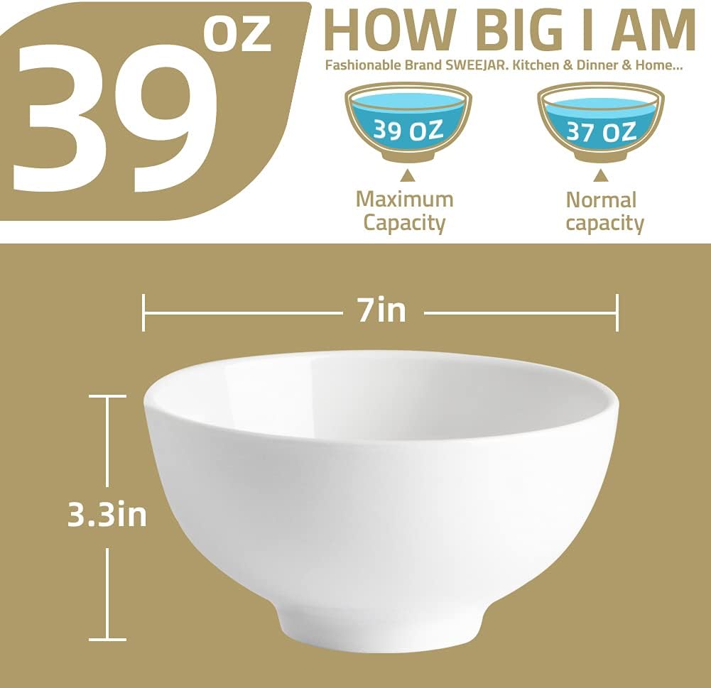Sweejar 7 Inch Porcelain Serving Bowls | Salad Pasta Side Dishes | Set of 4