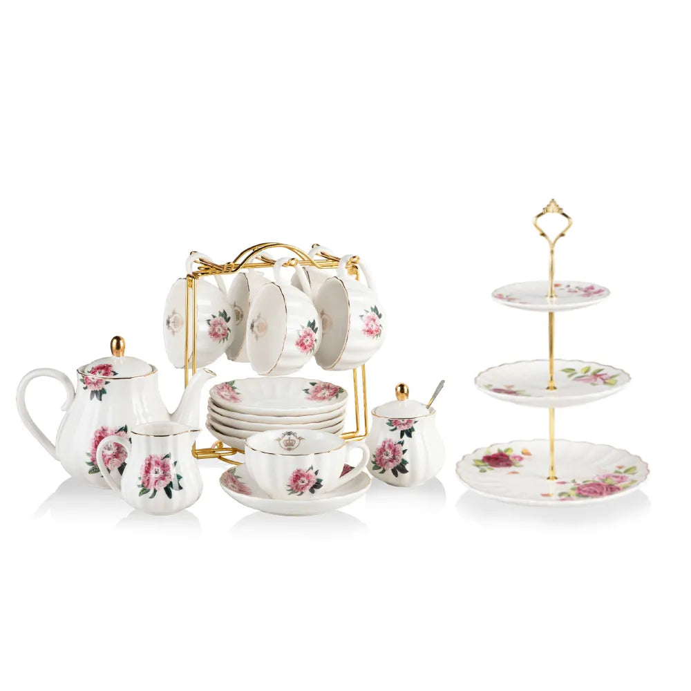 SWEEJAR Porcelain Tea Set with Cake Stand | 8 OZ Cups& Saucer Service For 6