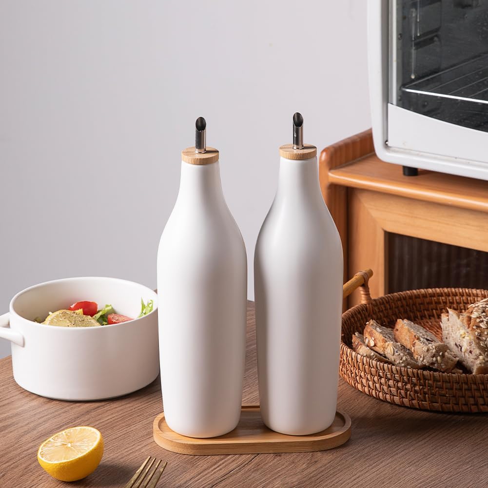Sweejar 17 Oz Matte Ceramic Olive Oil Dispenser Bottles with Bamboo Tray
