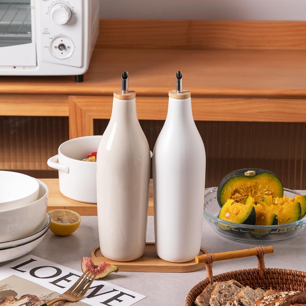 Sweejar 17 Oz Matte Ceramic Olive Oil Dispenser Bottles with Bamboo Tray