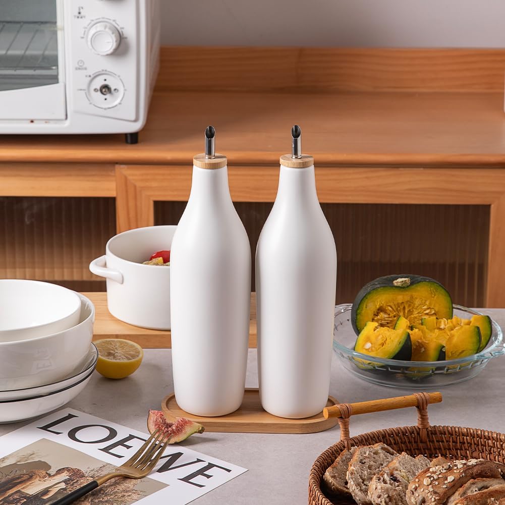 Sweejar 17 Oz Matte Ceramic Olive Oil Dispenser Bottles with Bamboo Tray