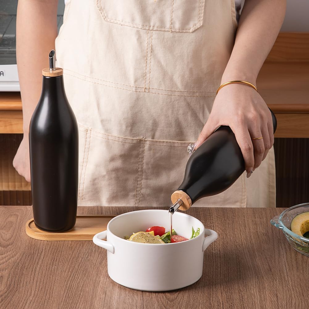Sweejar 17 Oz Matte Ceramic Olive Oil Dispenser Bottles with Bamboo Tray