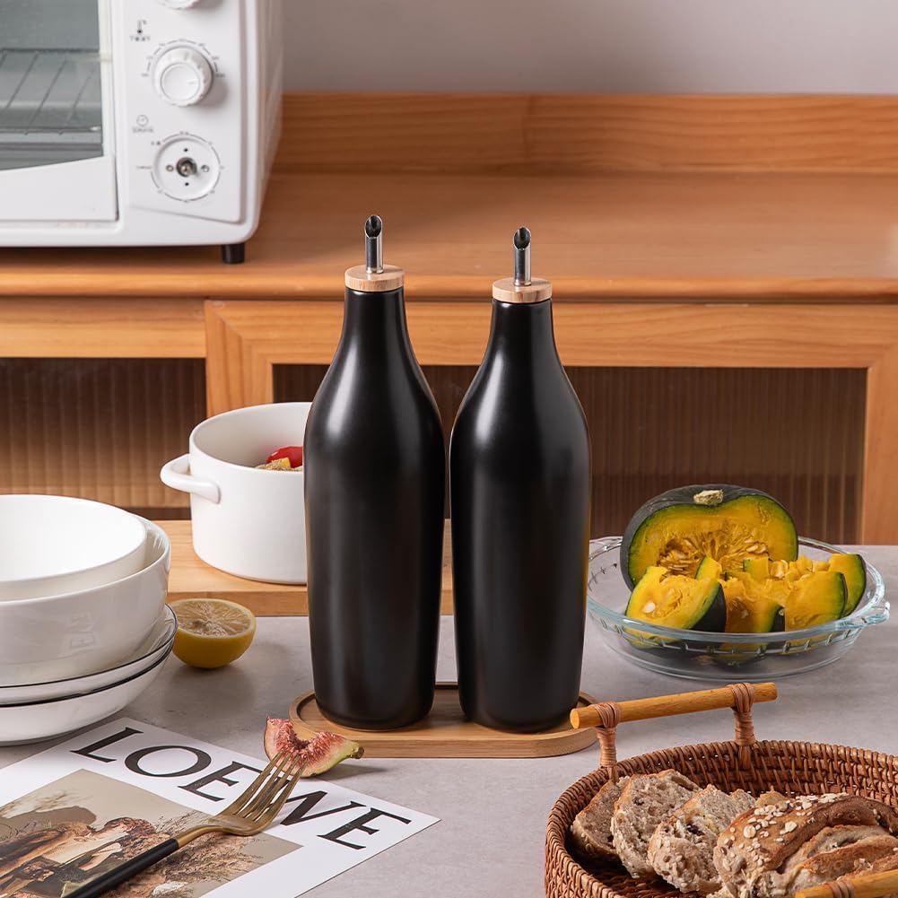Sweejar 17 Oz Matte Ceramic Olive Oil Dispenser Bottles with Bamboo Tray