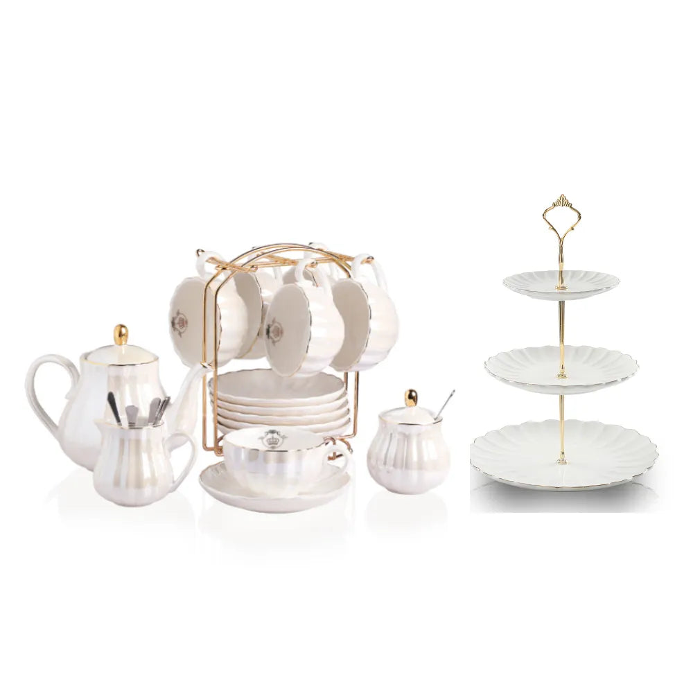 SWEEJAR Porcelain Tea Set with Cake Stand | 8 OZ Cups& Saucer Service For 6