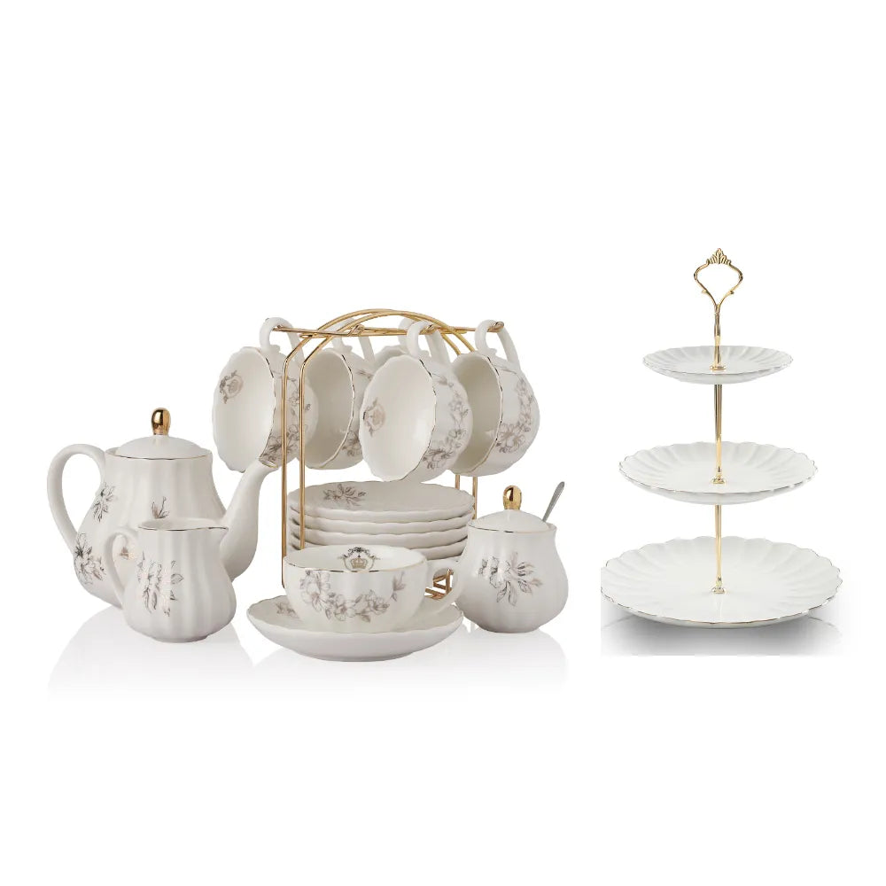 SWEEJAR Porcelain Tea Set with Cake Stand | 8 OZ Cups& Saucer Service For 6