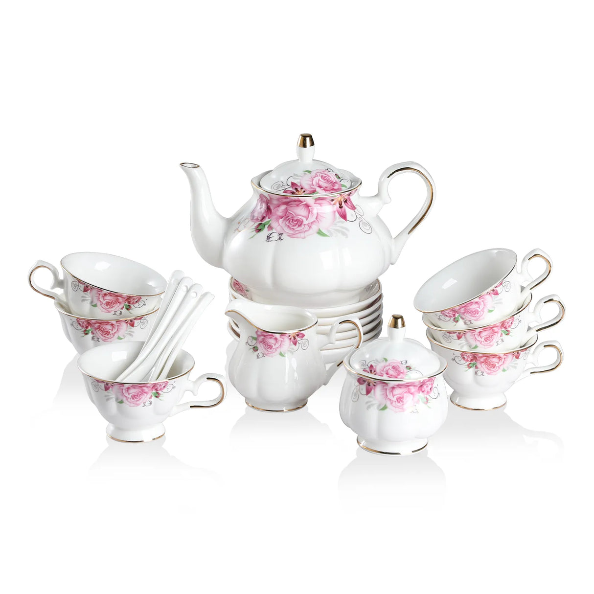 Sweejar Porcelain Tea Service Sets| Teapot Cup | Vintage British Floral Relief Gold Rimmed