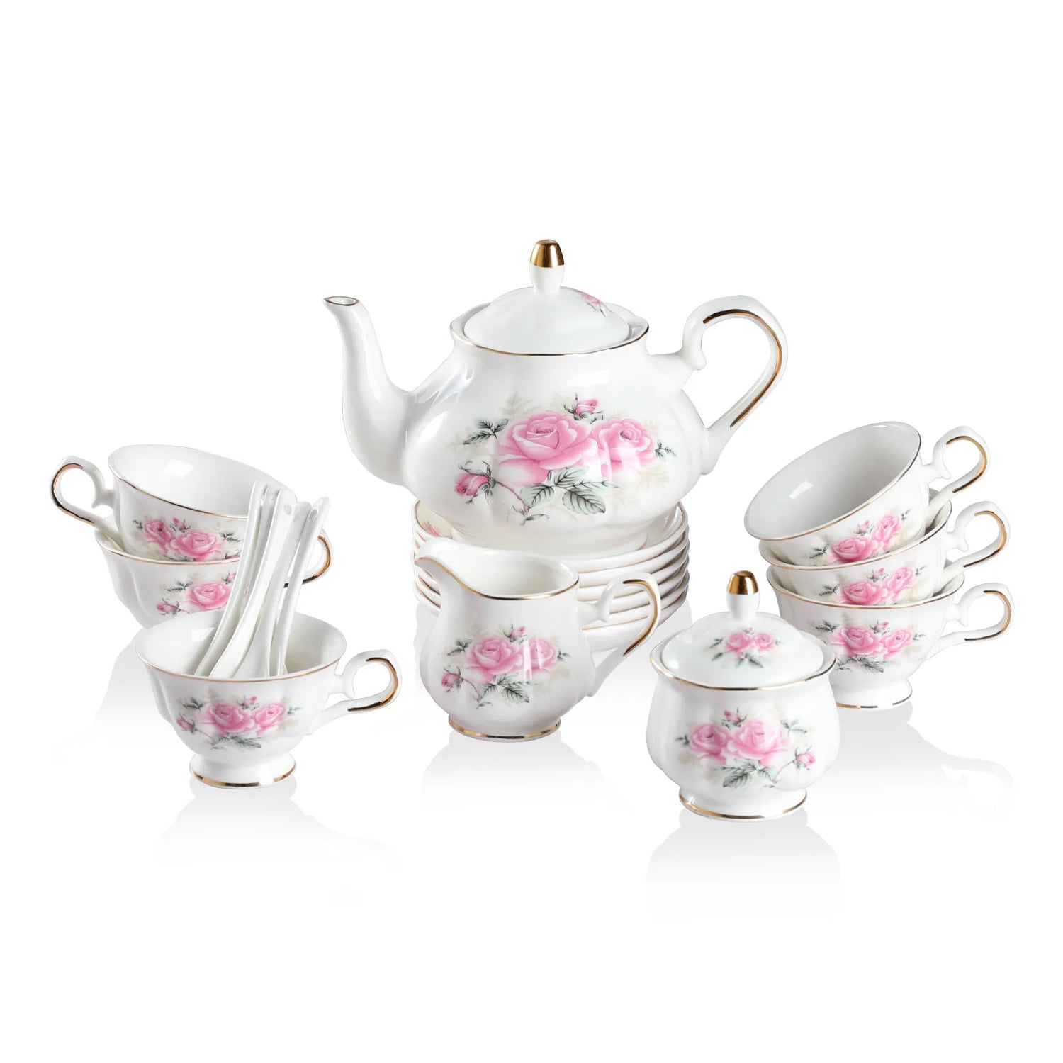Sweejar Porcelain Tea Service Sets| Teapot Cup | Vintage British Floral Relief Gold Rimmed