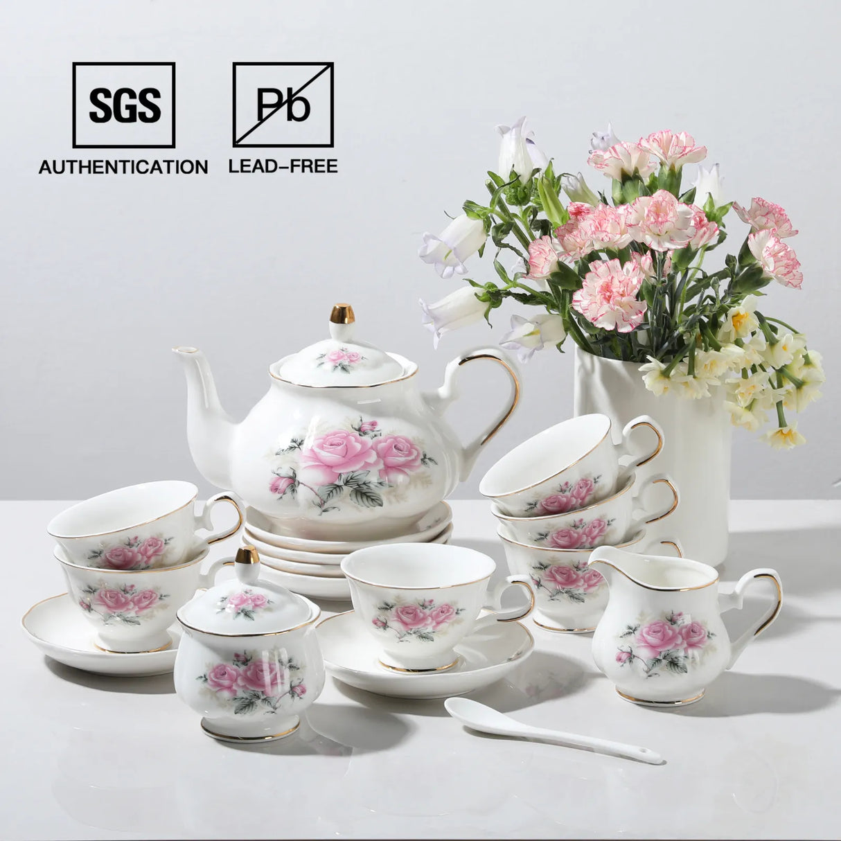 Sweejar Porcelain Tea Service Sets| Teapot Cup | Vintage British Floral Relief Gold Rimmed