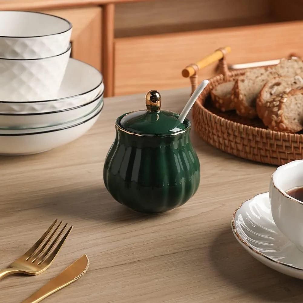 Sweejar Royal Ceramic Sugar Bowl | 8 Ounce Sugar Container with Spoon and Lid