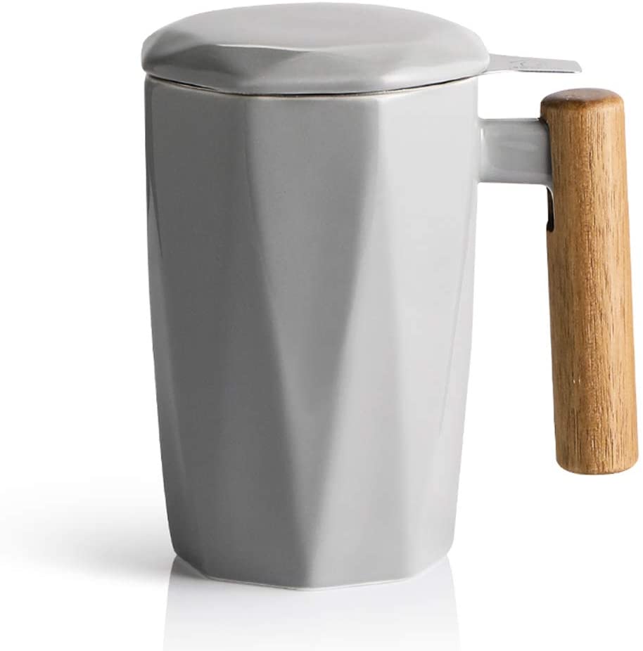 SWEEJAR Porcelain Tea Mug with Infuser and Lid, Wooden Handle, 17 Ounc