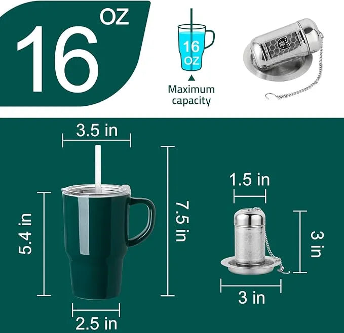 Sweejar Ceramic Coffee Mug Cup with Lid & Straw | 16 OZ | Porcelain Tea Cup