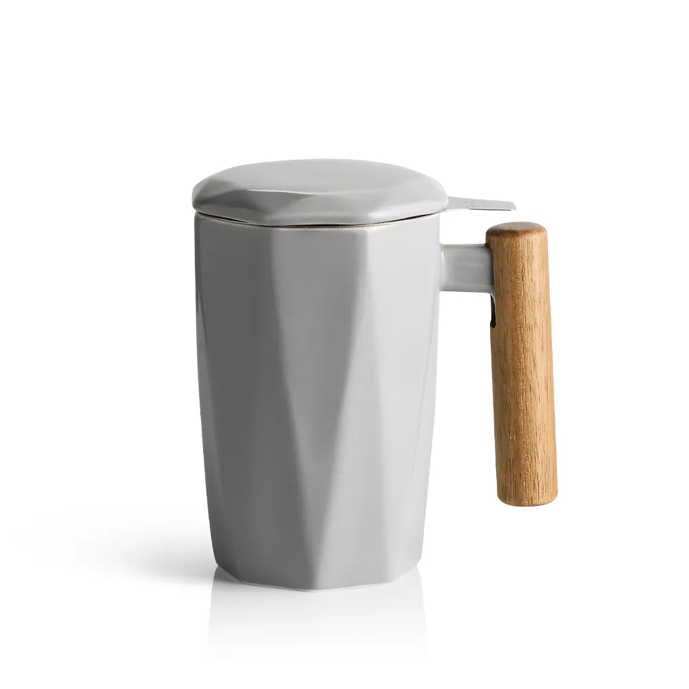 SWEEJAR Porcelain Tea Mug with Infuser and Lid | Wooden Handle