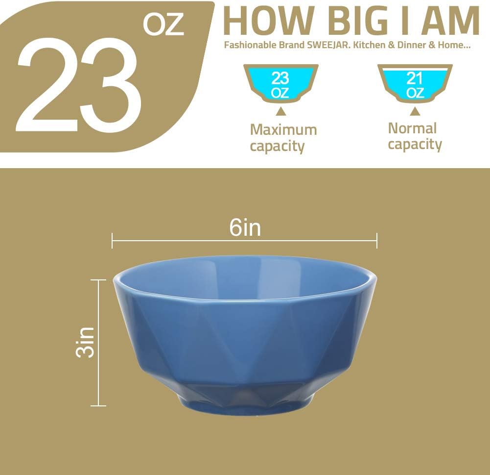 Sweejar Ceramic Rhombic Bowl | 26 Oz for Cereal, Salad, Pasta, Soup | Set of 6