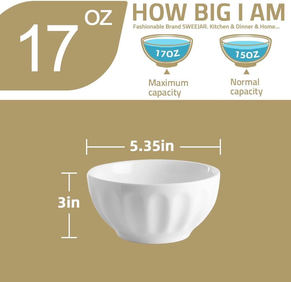 Sweejar Ceramic Fluted Soup Bowls Set | 17 OZ | Set of 4