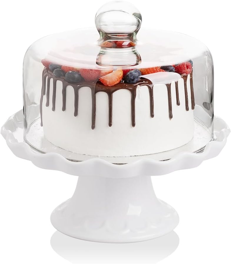 Sweejar Porcelain Cake Stand with Glass Lid | 10 Inch