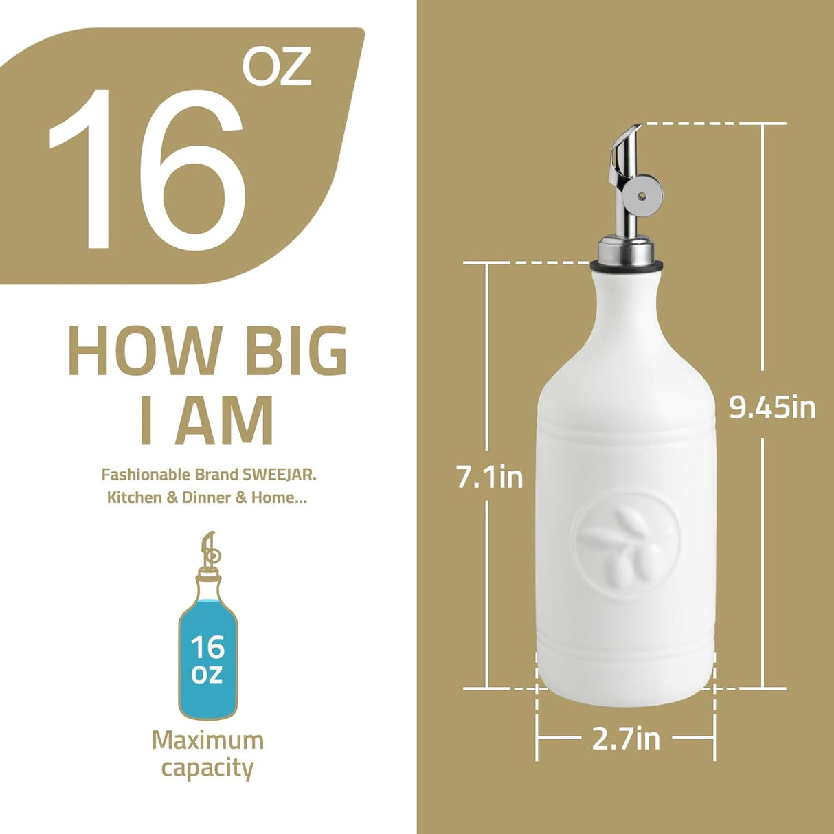 Sweejar Ceramic Olive Oil Dispenser Bottle | 16 Oz | 1 Pack