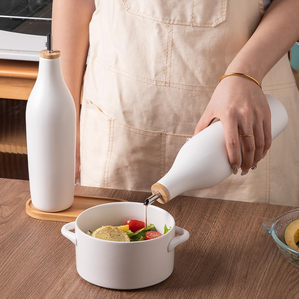 Sweejar 17 Oz Matte Ceramic Olive Oil Dispenser Bottles with Bamboo Tray