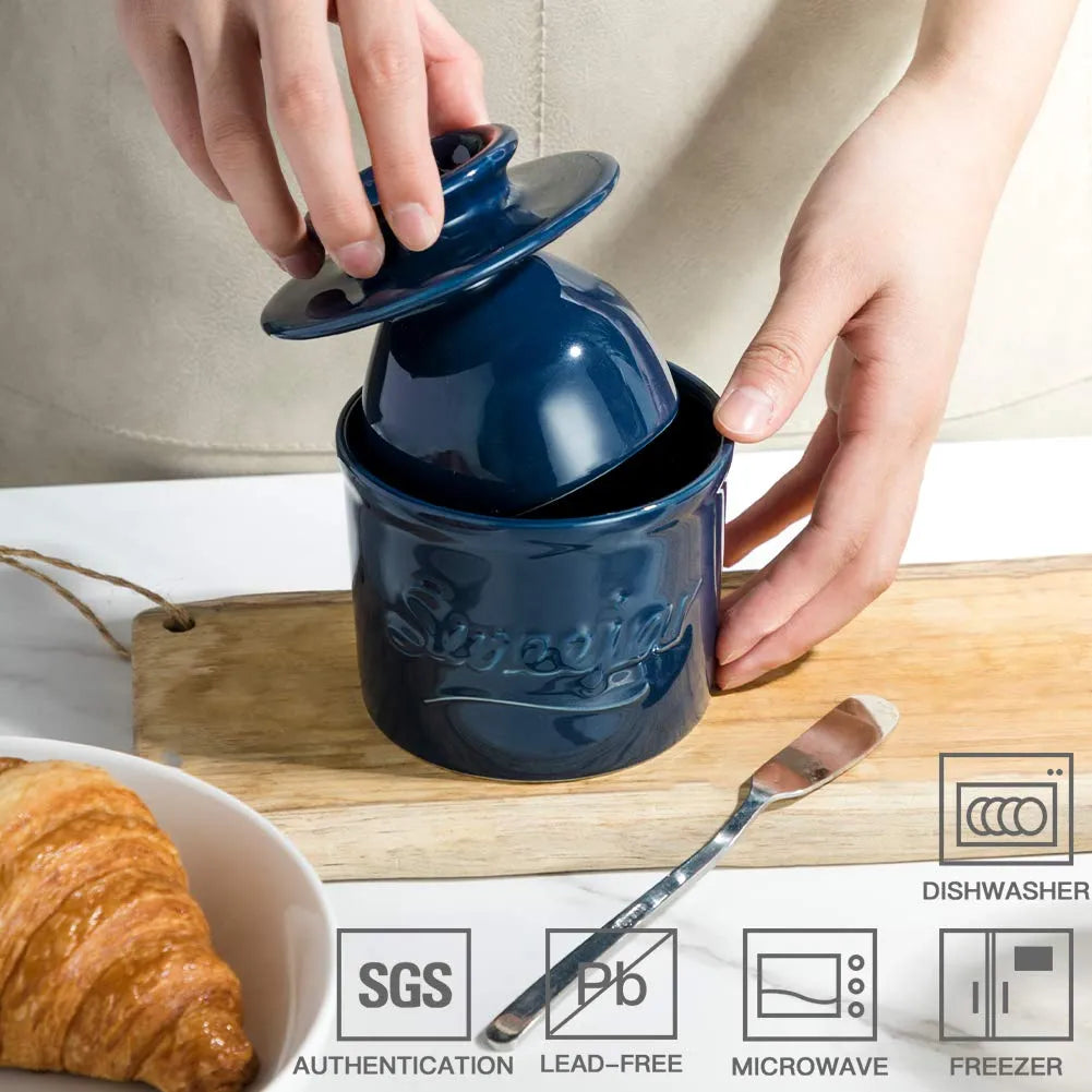 SWEEJAR Porcelain Butter Crock Keeper, French Butter Dish Keeps the Butter Fresh Soft & Spreadable, Serving Butter Easy for Bread Lovers Breakfast Kitchen Counter