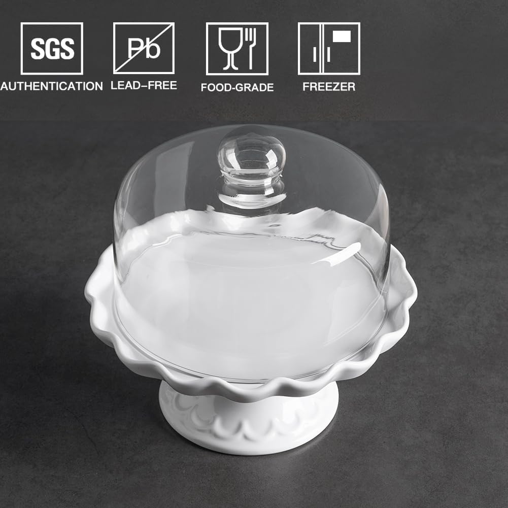 Sweejar Porcelain Cake Stand with Glass Lid | 10 Inch