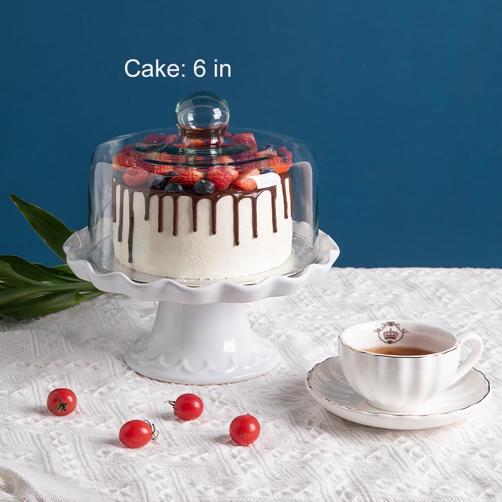 Sweejar Porcelain Cake Stand with Glass Lid | 10 Inch