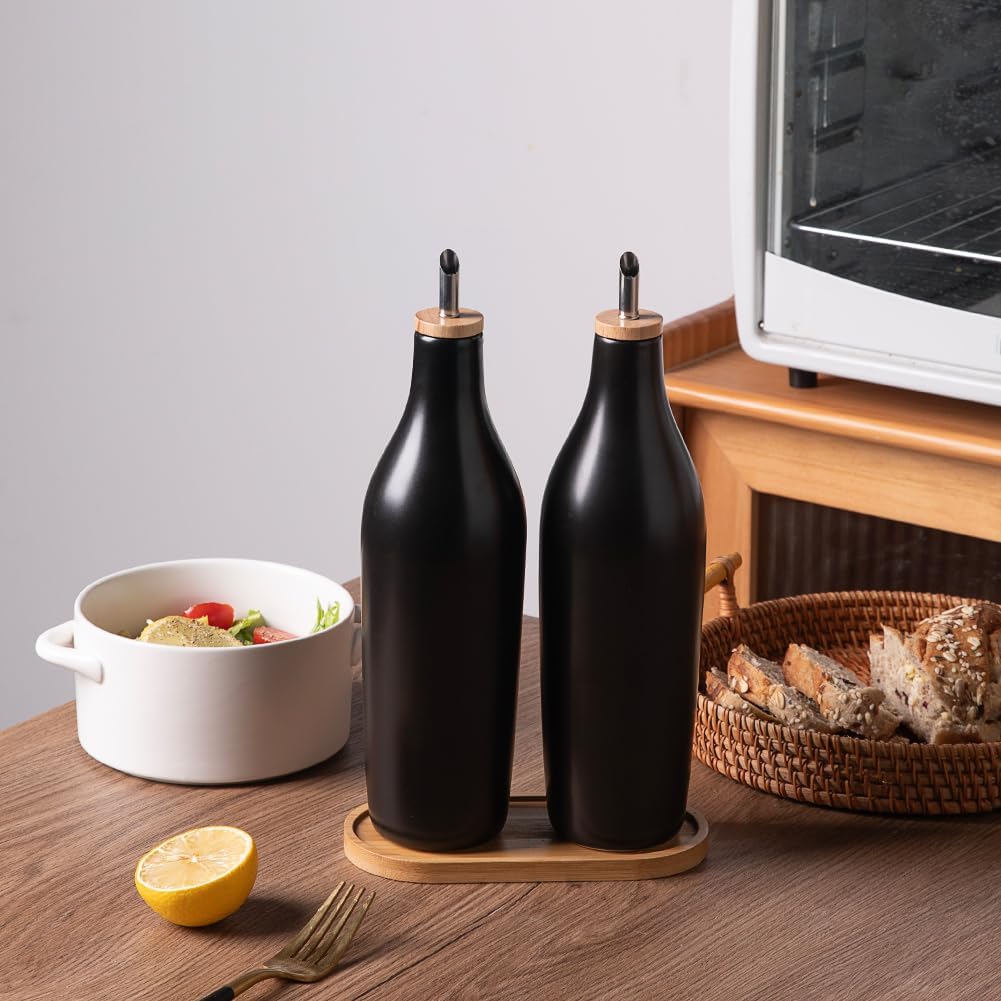 Sweejar 17 Oz Matte Ceramic Olive Oil Dispenser Bottles with Bamboo Tray
