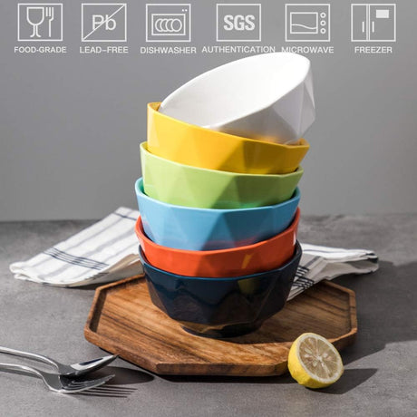 Sweejar Ceramic Rhombic Bowl | 26 Oz for Cereal, Salad, Pasta, Soup | Set of 6