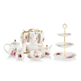 SWEEJAR Porcelain Tea Set with Cake Stand | 8 OZ Cups& Saucer Service For 6