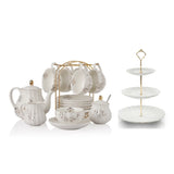 SWEEJAR Porcelain Tea Set with Cake Stand | 8 OZ Cups& Saucer Service For 6