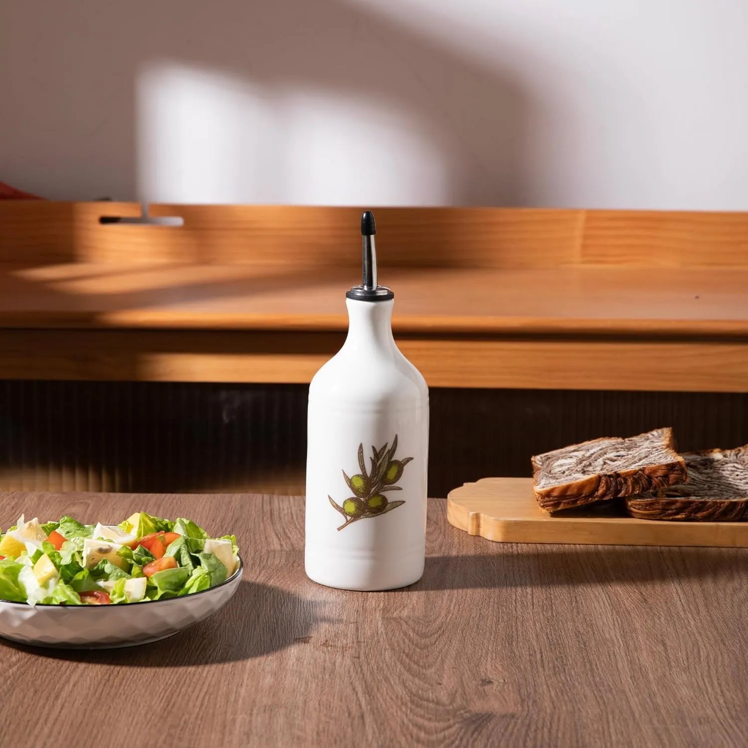 Sweejar Olive Leaf White Ceramic Olive Oil Dispenser