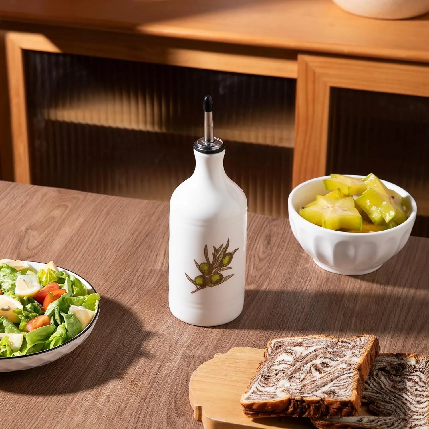 Sweejar Olive Leaf White Ceramic Olive Oil Dispenser