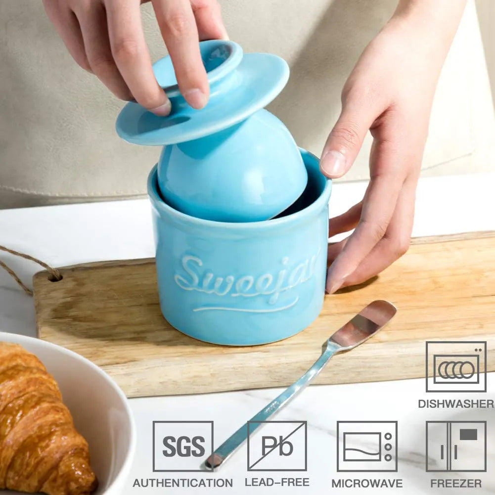 SWEEJAR Porcelain Butter Crock Keeper, French Butter Dish Keeps the Butter Fresh Soft & Spreadable, Serving Butter Easy for Bread Lovers Breakfast Kitchen Counter