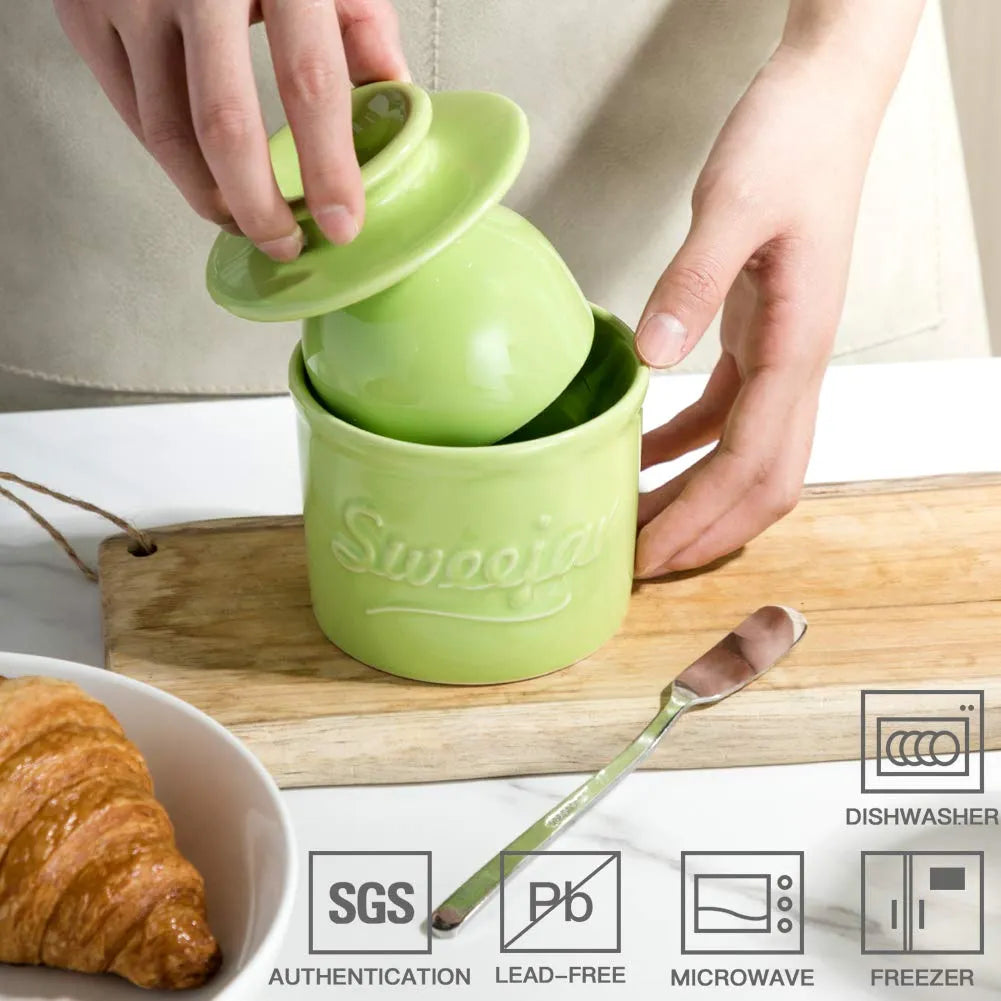 SWEEJAR Porcelain Butter Crock Keeper, French Butter Dish Keeps the Butter Fresh Soft & Spreadable, Serving Butter Easy for Bread Lovers Breakfast Kitchen Counter