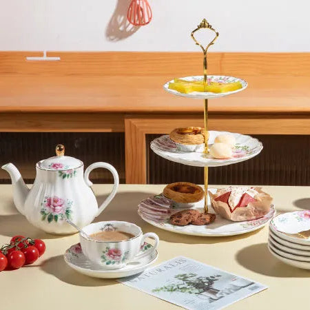 SWEEJAR Porcelain Tea Set with Cake Stand | 8 OZ Cups& Saucer Service For 6