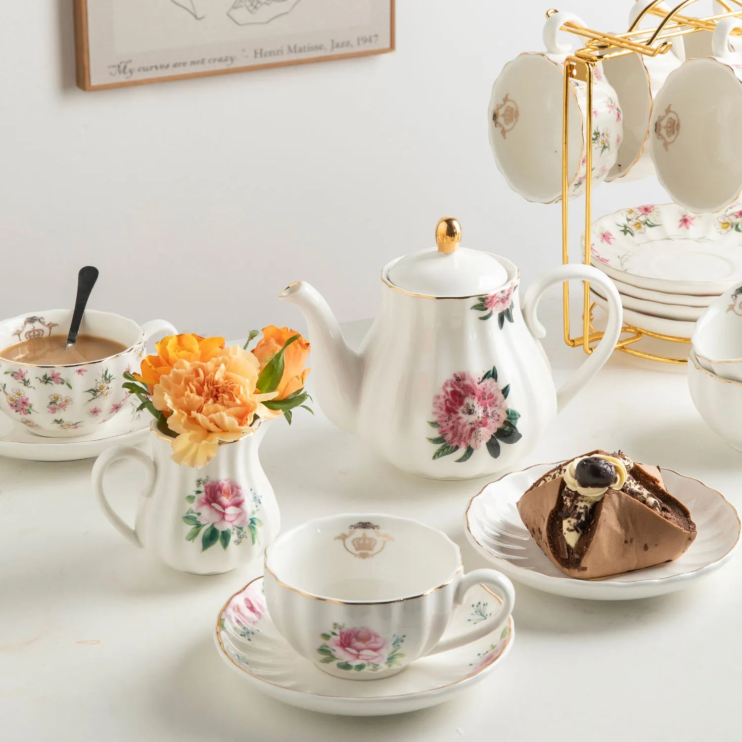 SWEEJAR Porcelain Tea Set with Cake Stand | 8 OZ Cups& Saucer Service For 6