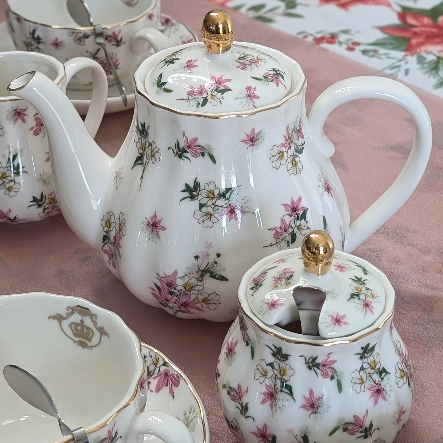 SWEEJAR Porcelain Tea Set with Cake Stand | 8 OZ Cups& Saucer Service For 6