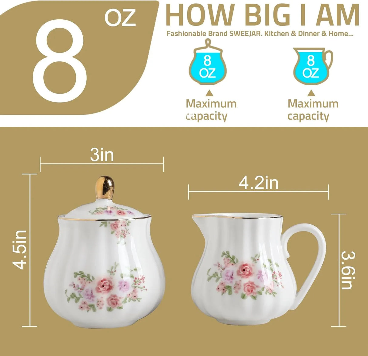 SWEEJAR Royal Ceramic Rose Flower Sugar Bowl Creamer Set