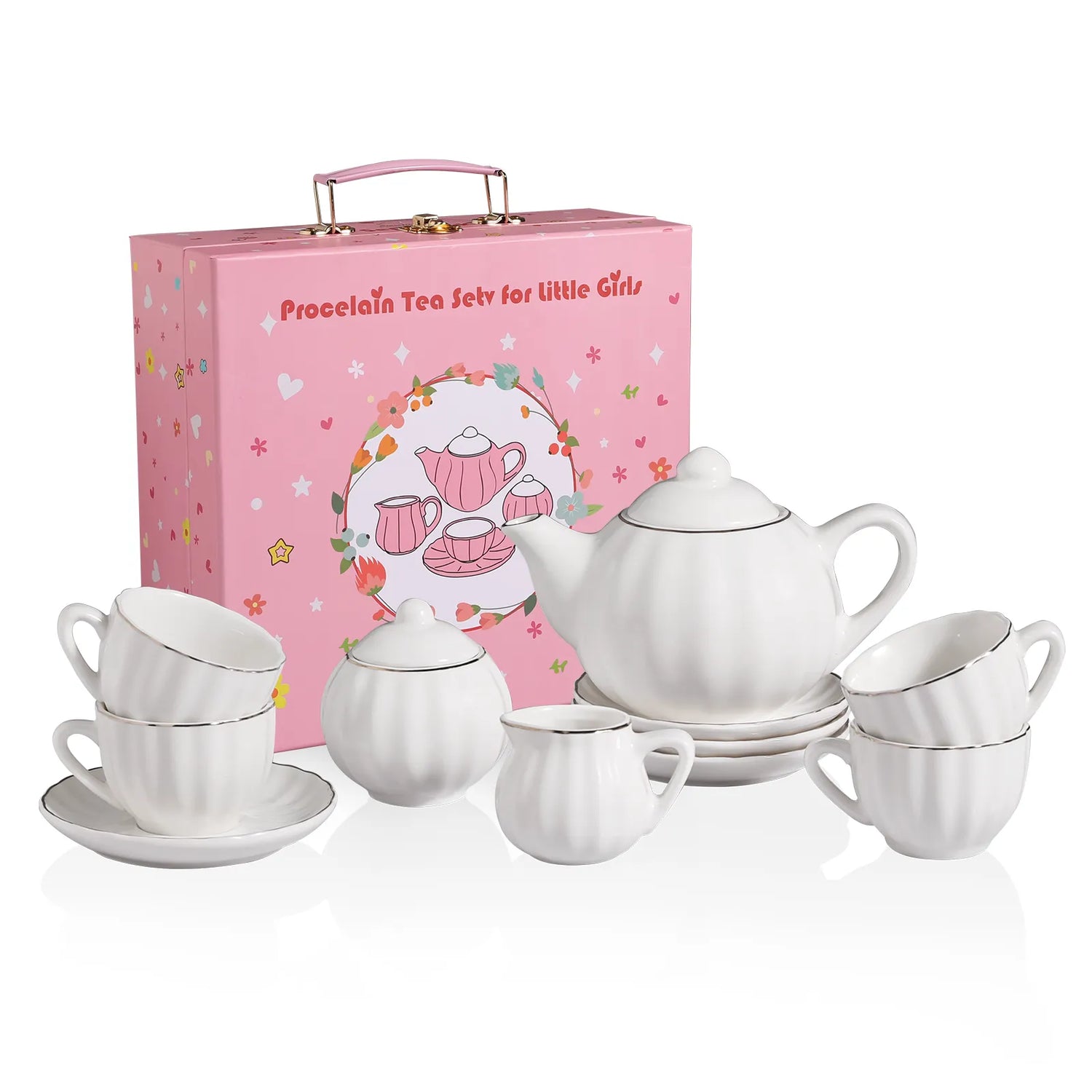 Sweejar Porcelain Kids Tea Set for Little Girls, Toddler | Kitchen Pretend Toy