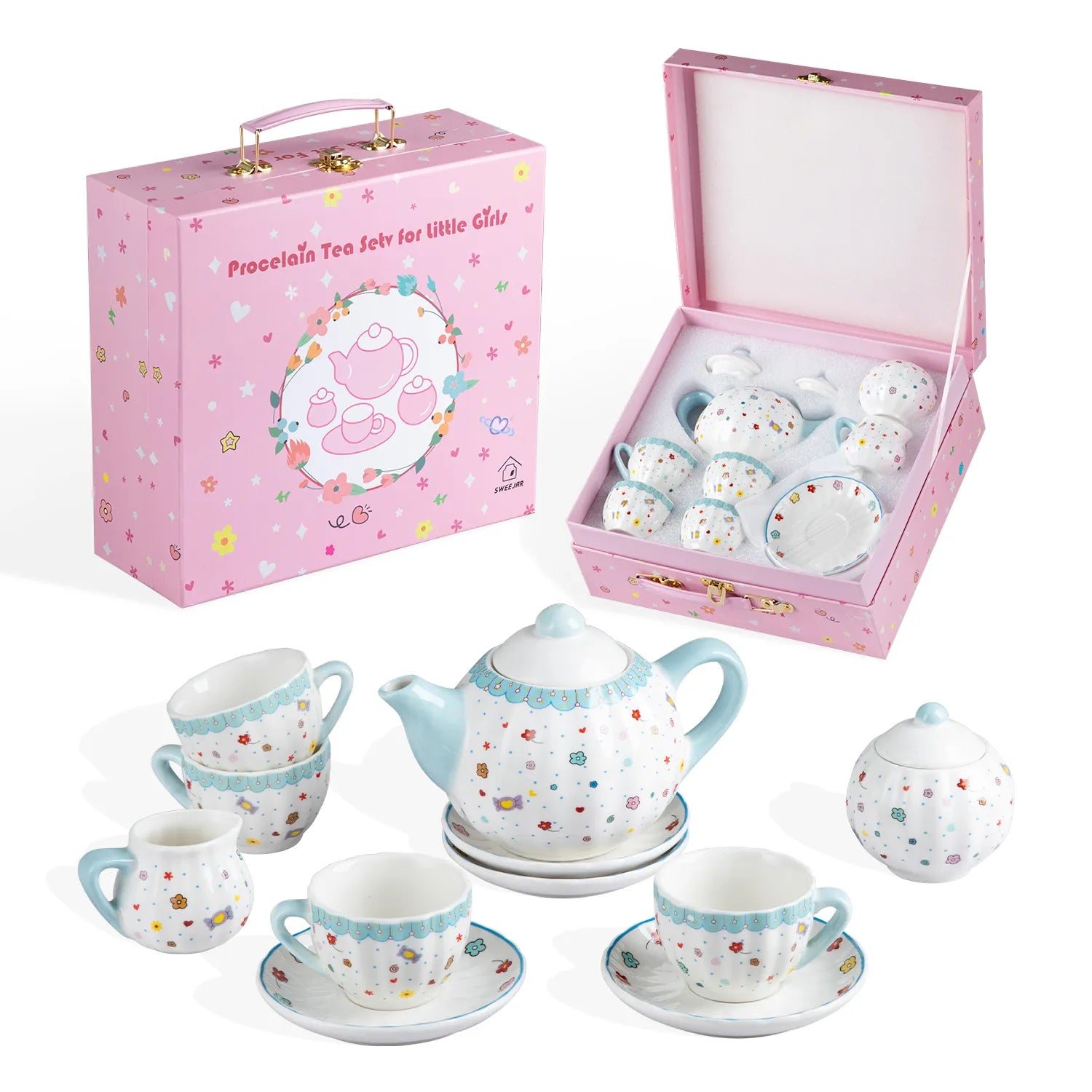 Sweejar Porcelain Kids Tea Set for Little Girls, Toddler | Kitchen Pretend Toy
