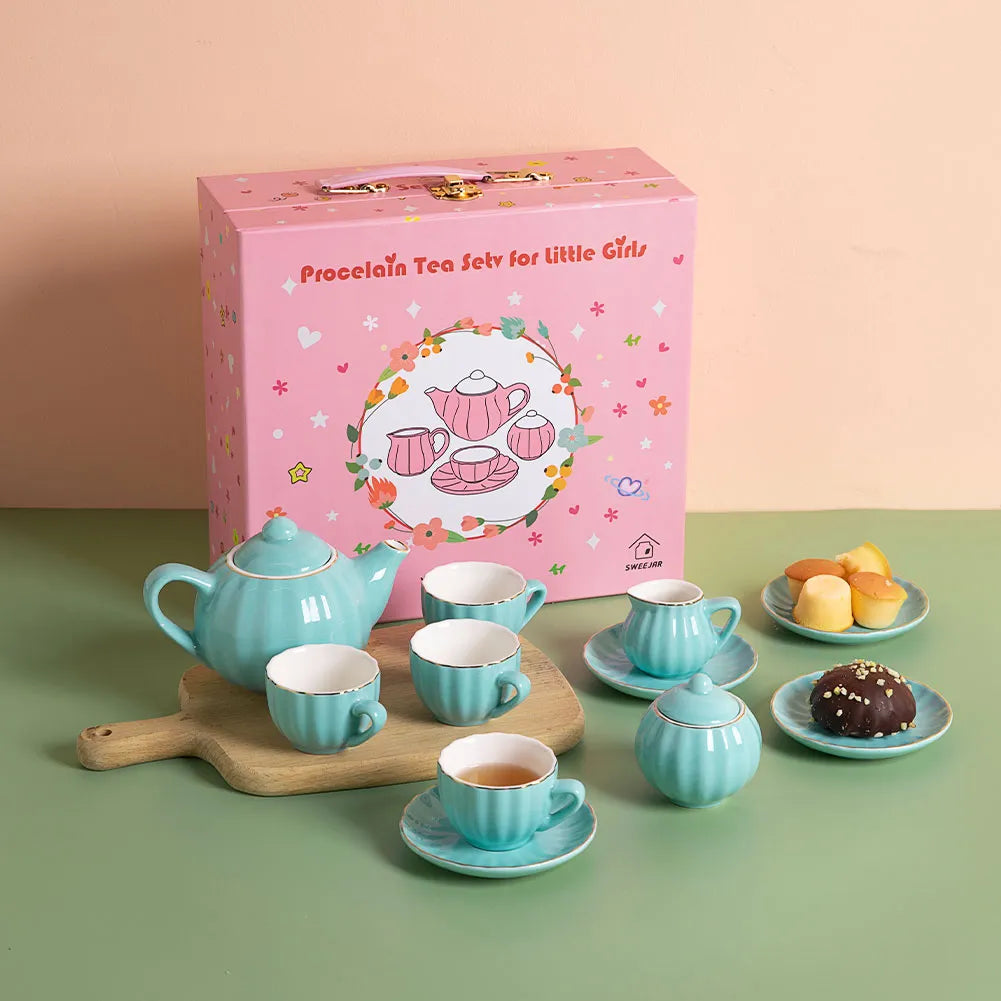 Sweejar Porcelain Kids Tea Set for Little Girls, Toddler | Kitchen Pretend Toy