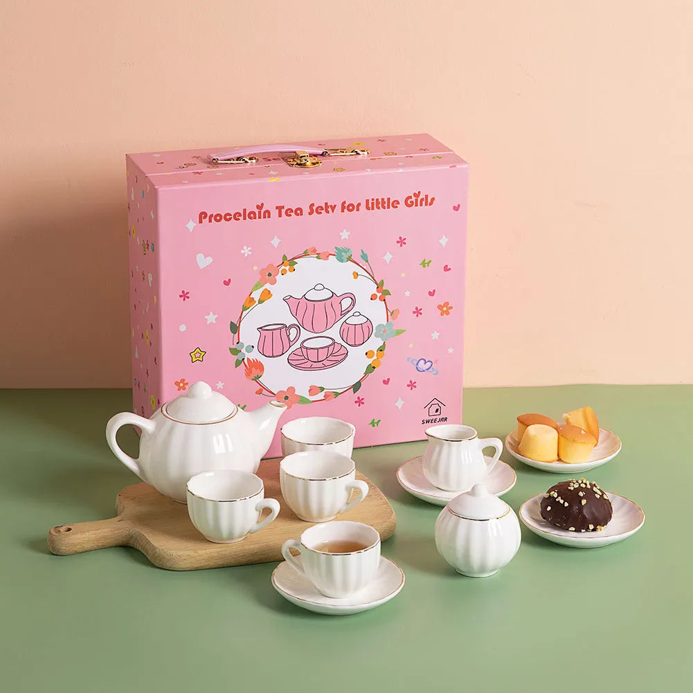 Sweejar Porcelain Kids Tea Set for Little Girls, Toddler | Kitchen Pretend Toy