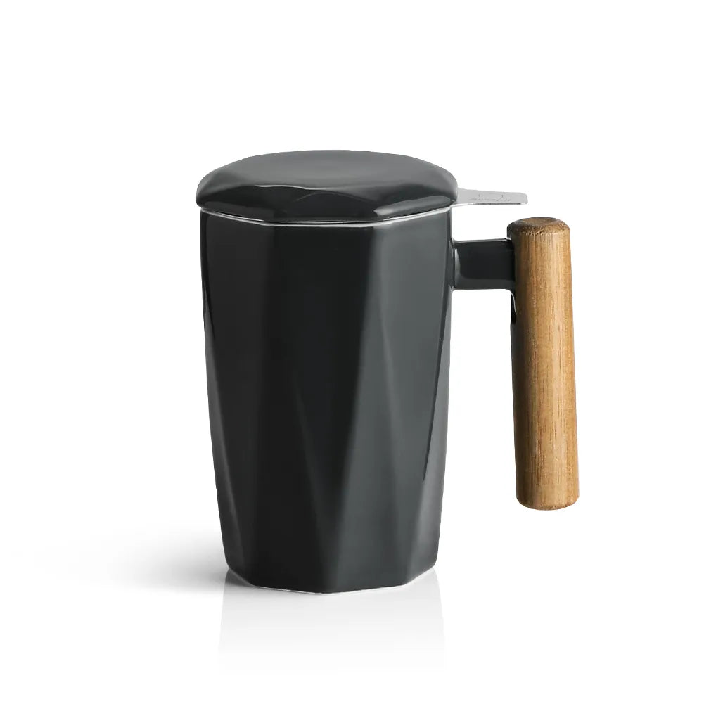 SWEEJAR Porcelain Tea Mug with Infuser and Lid | Wooden Handle