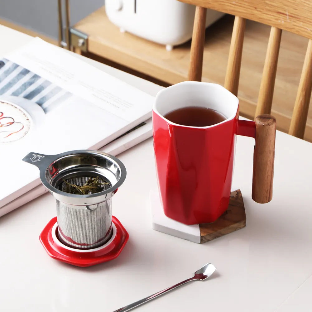 SWEEJAR Porcelain Tea Mug with Infuser and Lid | Wooden Handle