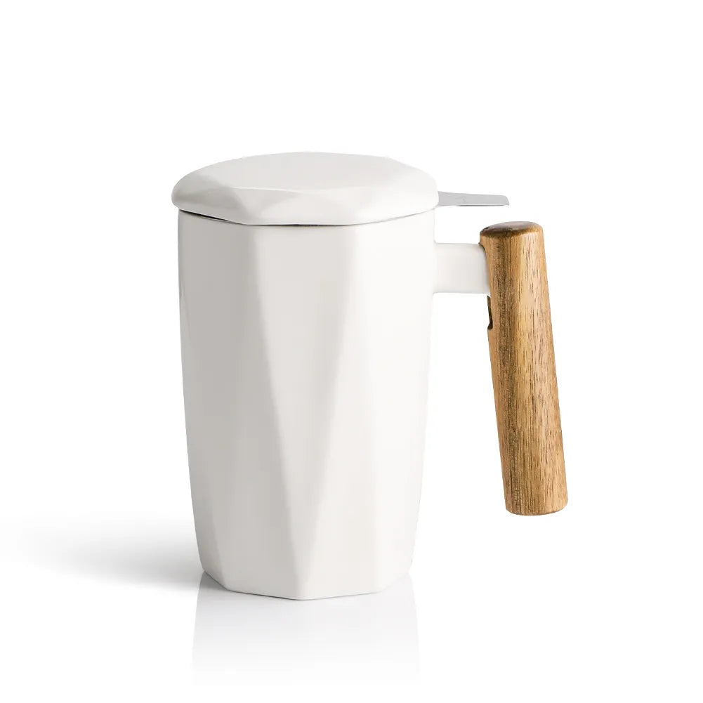 SWEEJAR Porcelain Tea Mug with Infuser and Lid | Wooden Handle