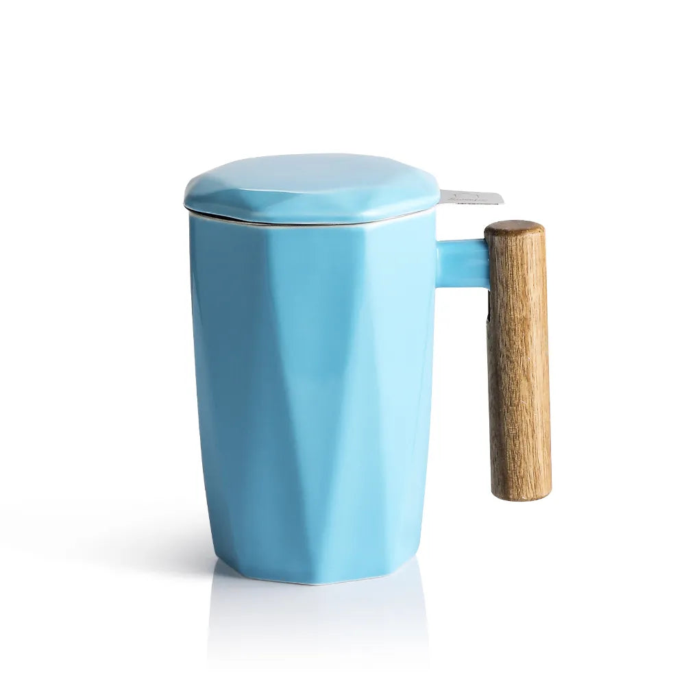 SWEEJAR Porcelain Tea Mug with Infuser and Lid | Wooden Handle