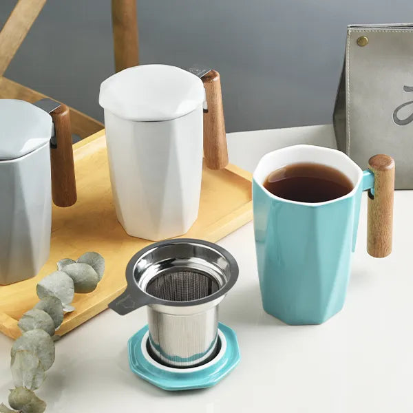 SWEEJAR Porcelain Tea Mug with Infuser and Lid | Wooden Handle