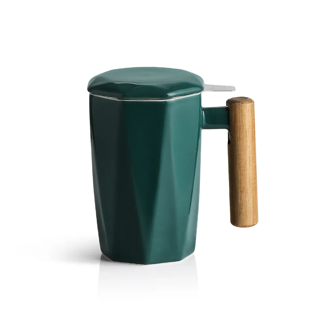 SWEEJAR Porcelain Tea Mug with Infuser and Lid | Wooden Handle